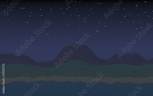 Starry moonless sky. Ocean shore line with waves on a beach. Island beach paradise with waves. Vacation  summer  relaxation. Seascape  seashore. Minimalist landscape  primitivism. 3D illustration