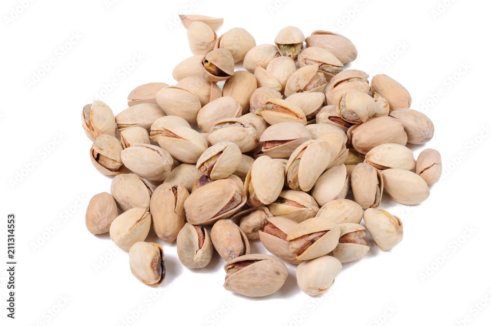 Pistachios isolated on white background. Front view.