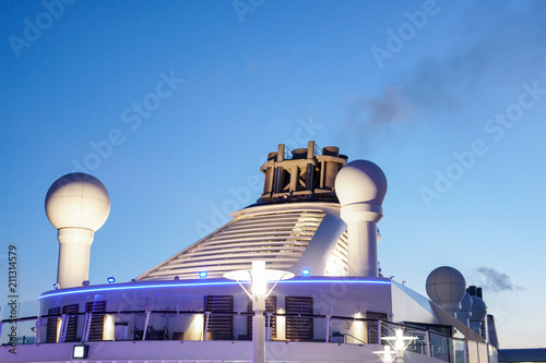 Foto Ship chimney on upper deck of cruise liner