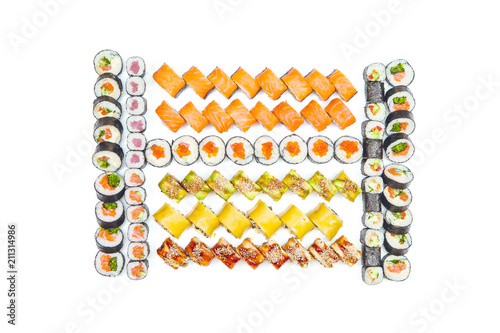 Seafood set - isolated rolls on white background