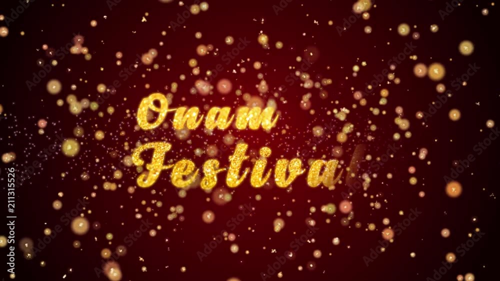 Onam Festival Greeting Card text with sparkling particles shiny background for Celebration,wishes,Events,Message,Holidays,Festival. Onam Festival Greeting Card text with sparkling particles shiny background for Celebration,wishes,Events,Message,Holidays,Festival.