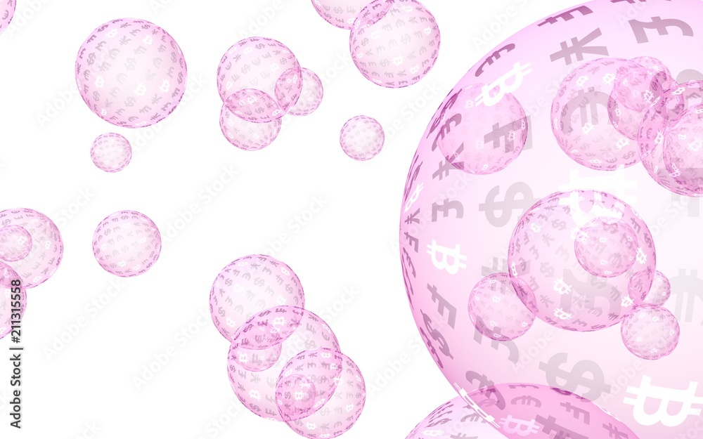 Bitcoin economic financial bubble. Cryptocurrency 3D illustration. Business concept. Pink bubbles on white background. Bit, Coin, mining concept Bitcoin economic financial bubble. Cryptocurrency 3D illustration. Business concept. Pink bubbles on white background. Bit, Coin, mining concept