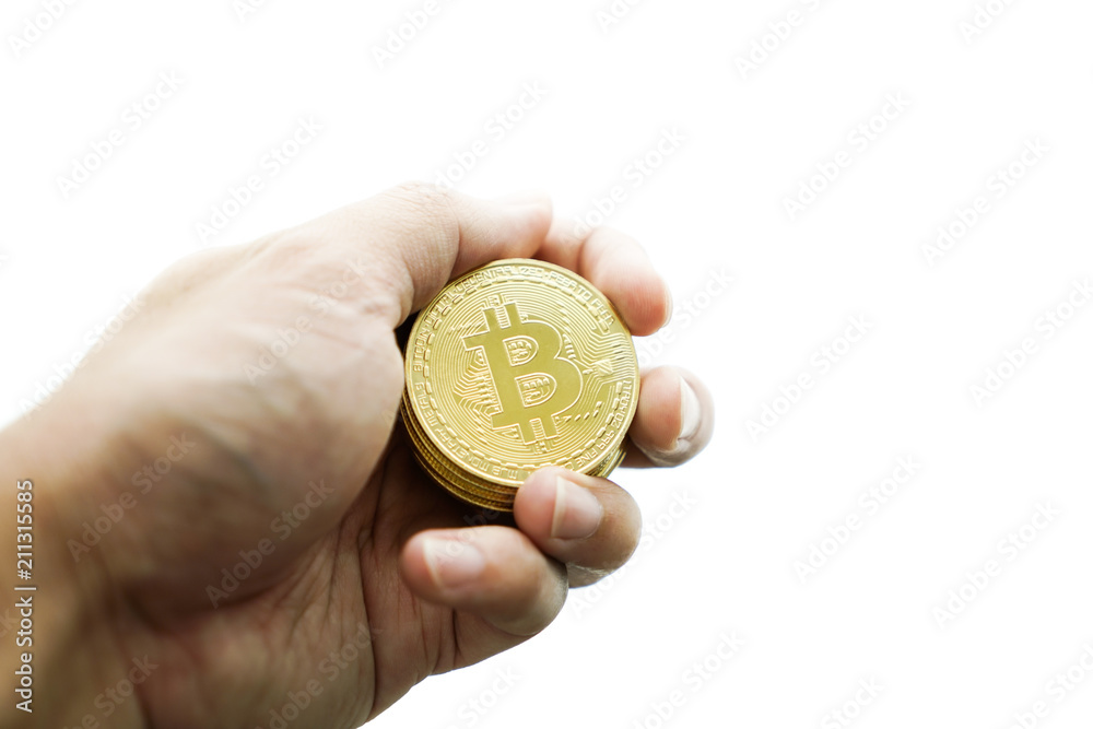 hand with golden bitcoin coin on the white background. hand with golden bitcoin coin on the white background.