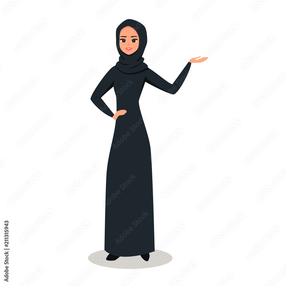 Cartoon Arab woman character with hijab. Smiling girl in hijab presenting something with right hand. Young Moslem businesswoman wearing scarf. Vector illustration isolated from white Cartoon Arab woman character with hijab. Smiling girl in hijab presenting something with right hand. Young Moslem businesswoman wearing scarf. Vector illustration isolated from white