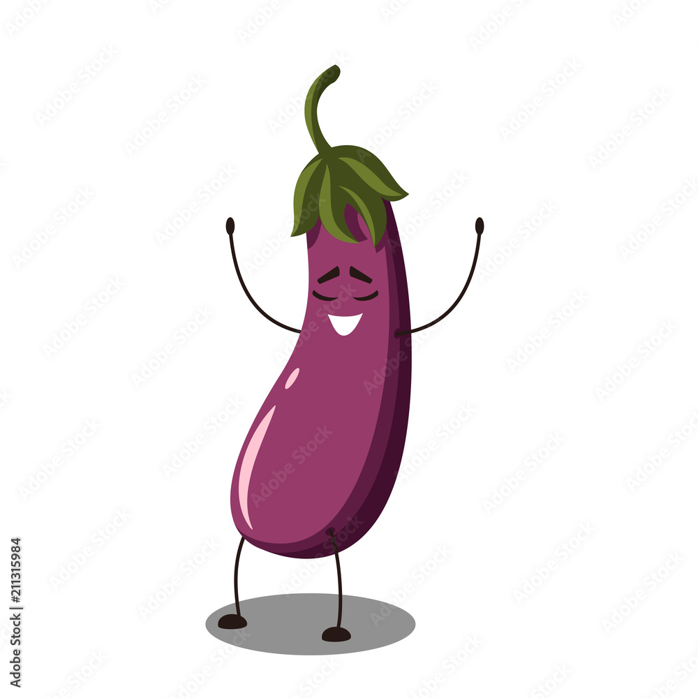 Vector Emoji eggplant with a smiley face. Cute cartoon eggplant with