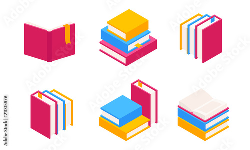Vector Set of Colorful Horizontal and Vertical Stacks of Books in Isometric.Education Infographic Template Design with Books Pile.Set of Book Icons in Flat style isolated from white background