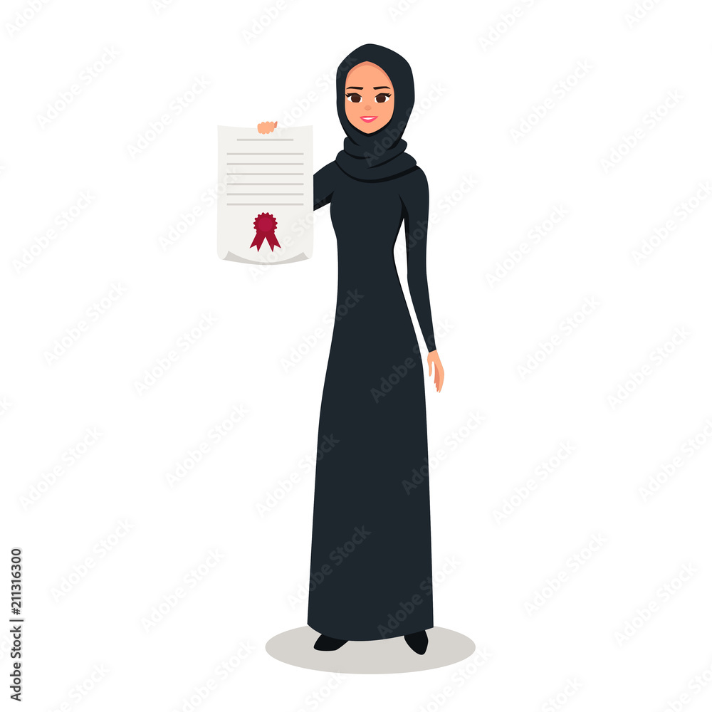 Naklejka premium Cartoon Arab woman character with hijab. Smiling girl in hijab holds a certificate in hand. Young Moslem businesswoman wearing scarf. Vector illustration isolated from white