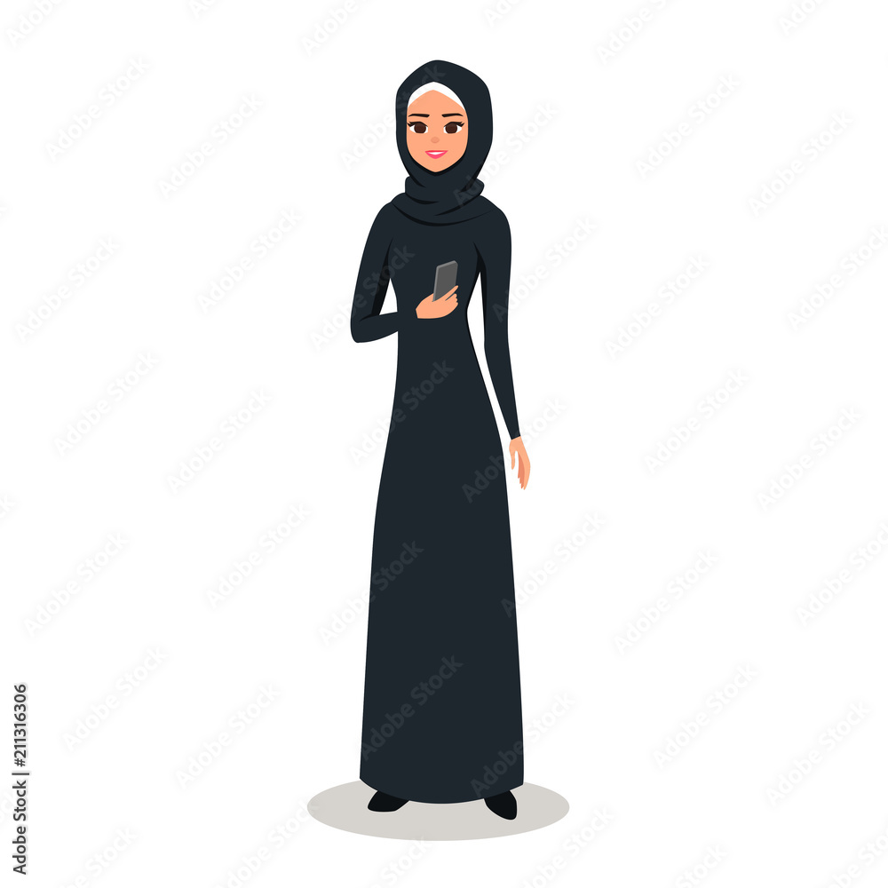 Cartoon Arab woman character with hijab. Smiling girl in hijab holds your mobile phone in your hand. Young Moslem businesswoman wearing scarf. Vector illustration isolated from white Cartoon Arab woman character with hijab. Smiling girl in hijab holds your mobile phone in your hand. Young Moslem businesswoman wearing scarf. Vector illustration isolated from white