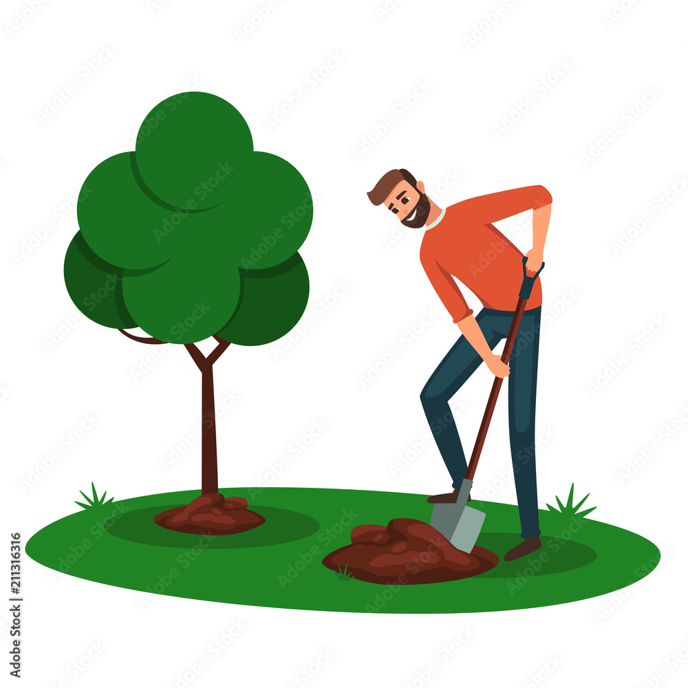 Man digging a hole for a tree. cartoon boy volunteer with a shovel digging the ground for planting trees. Eco Friendly Ecology concept with tree and man Stock Vector | Adobe Stock Man digging a hole for a tree. cartoon boy volunteer with a shovel digging the ground for planting trees. Eco Friendly Ecology concept with tree and man Stock Vector | Adobe Stock