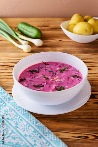 Traditional Russian cold beetroot soup svekolnik