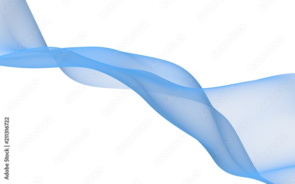 Abstract blue wave. Raster air background. Bright blue ribbon on white background. Blue scarf. Abstract blue smoke. 3D illustration