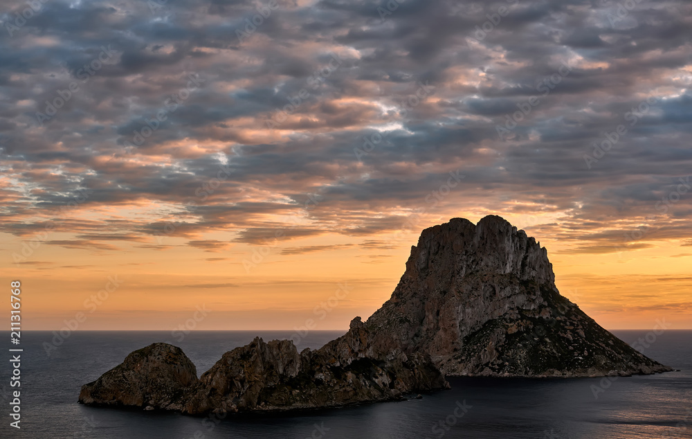 Es Vedra at sunset. Ibiza Island,  Balearic Islands. Spain