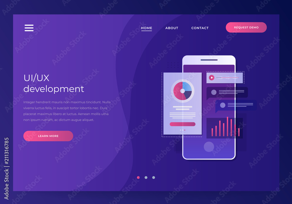 Header for website. Mobile UI/UX development design concept. Smartphone with interface elements. Digital industry. Innovation and technologies. Mobile app. Vector flat illustration. - obrazy, fototapety, plakaty 