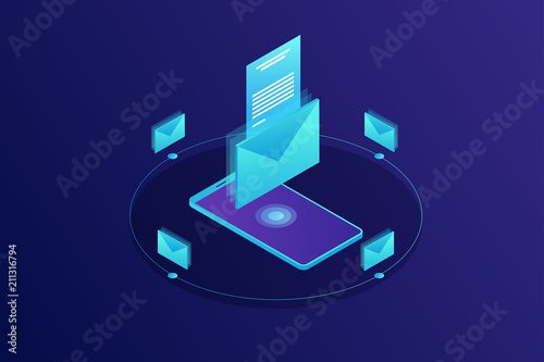 Mobile e-mail notification concept. Communication, information dissemination, sending email. Isometric vector illustration.