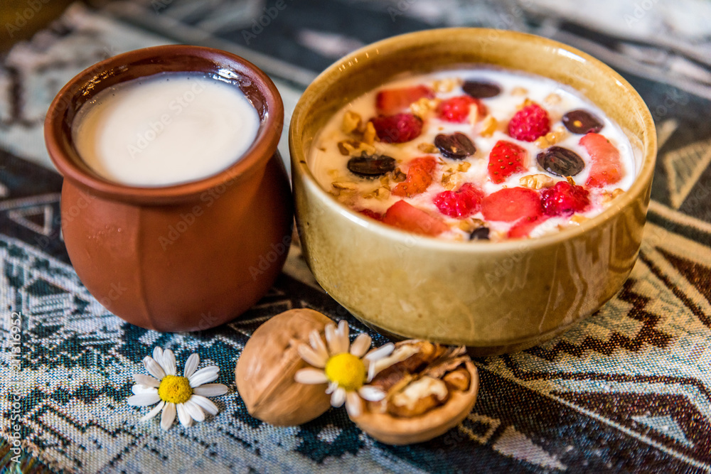 Granola. Granola with yogurt, honey and berries, nuts Granola. Granola with yogurt, honey and berries, nuts
