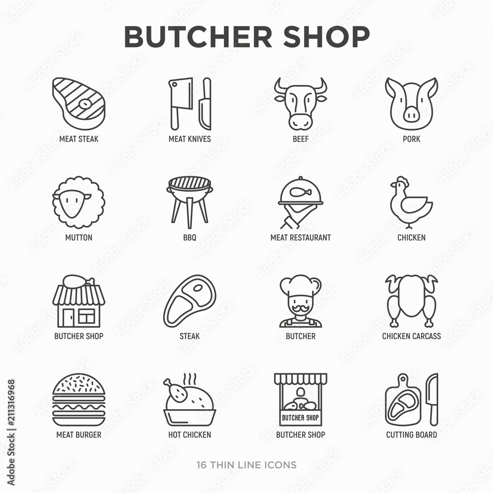 Butcher shop thin line icons set: meat steak, beef, pork, mutton, BBQ, chicken, burger, cutting board, meat knives. Modern vector illustration. Butcher shop thin line icons set: meat steak, beef, pork, mutton, BBQ, chicken, burger, cutting board, meat knives. Modern vector illustration.