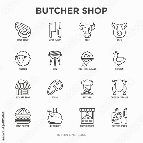 Butcher shop thin line icons set: meat steak, beef, pork, mutton, BBQ, chicken, burger, cutting board, meat knives. Modern vector illustration.