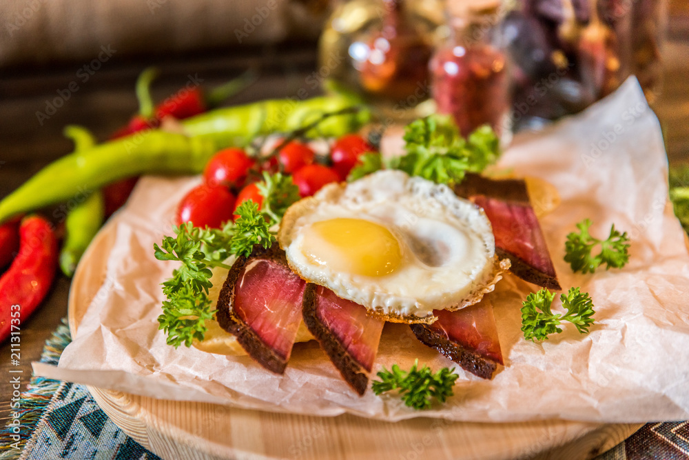 bacon,egg,ham for breakfast in plate bacon,egg,ham for breakfast in plate