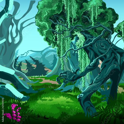 Forest of magic. Moving trees. Vector cartoon close-up illustration.