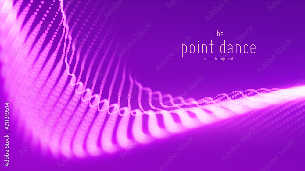 Vector abstract violet particle wave, points array, shallow depth of field. Futuristic illustration. Technology digital splash or explosion of data points. Point dance waveform. Cyber UI, HUD element.