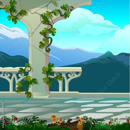 Mountain views from the balcony with ornate balustrade. Vintage architecture. Vector cartoon close-up illustration.