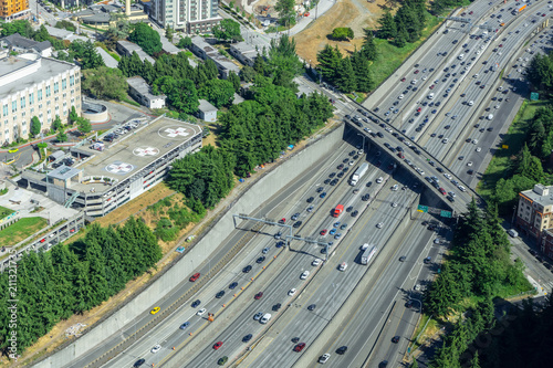 Aerial view of the Interstate 5 traffic crossing Seattle, Washington State, USA.