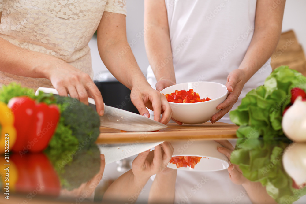 Closeup of human hands cooking in kitchen. Mother and daughter or two female friends cutting vegetables for fresh salad. Healthy meal, vegetarian food and lifestyle concepts