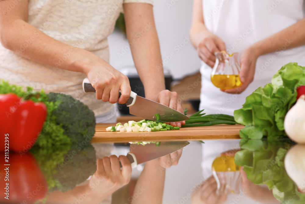 Closeup of human hands cooking in kitchen. Mother and daughter or two female friends cutting vegetables for fresh salad. Healthy meal, vegetarian food and lifestyle concepts