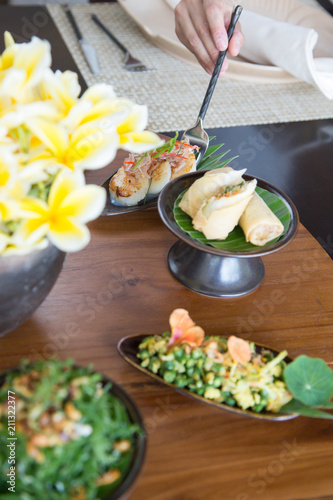  Assorted traditional asian dishes served on the table