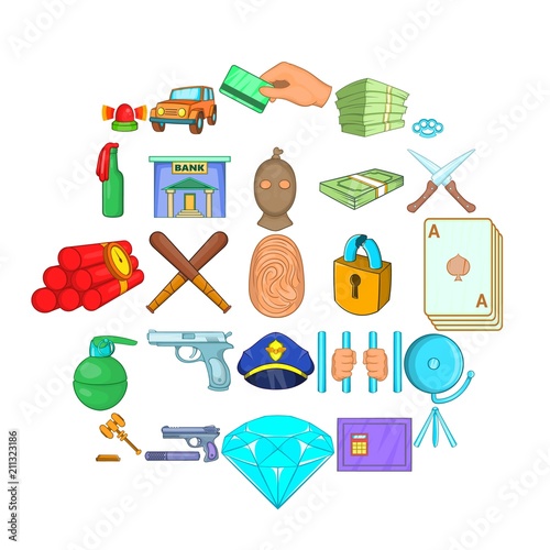 Delinquency icons set. Cartoon set of 25 delinquency vector icons for web isolated on white background