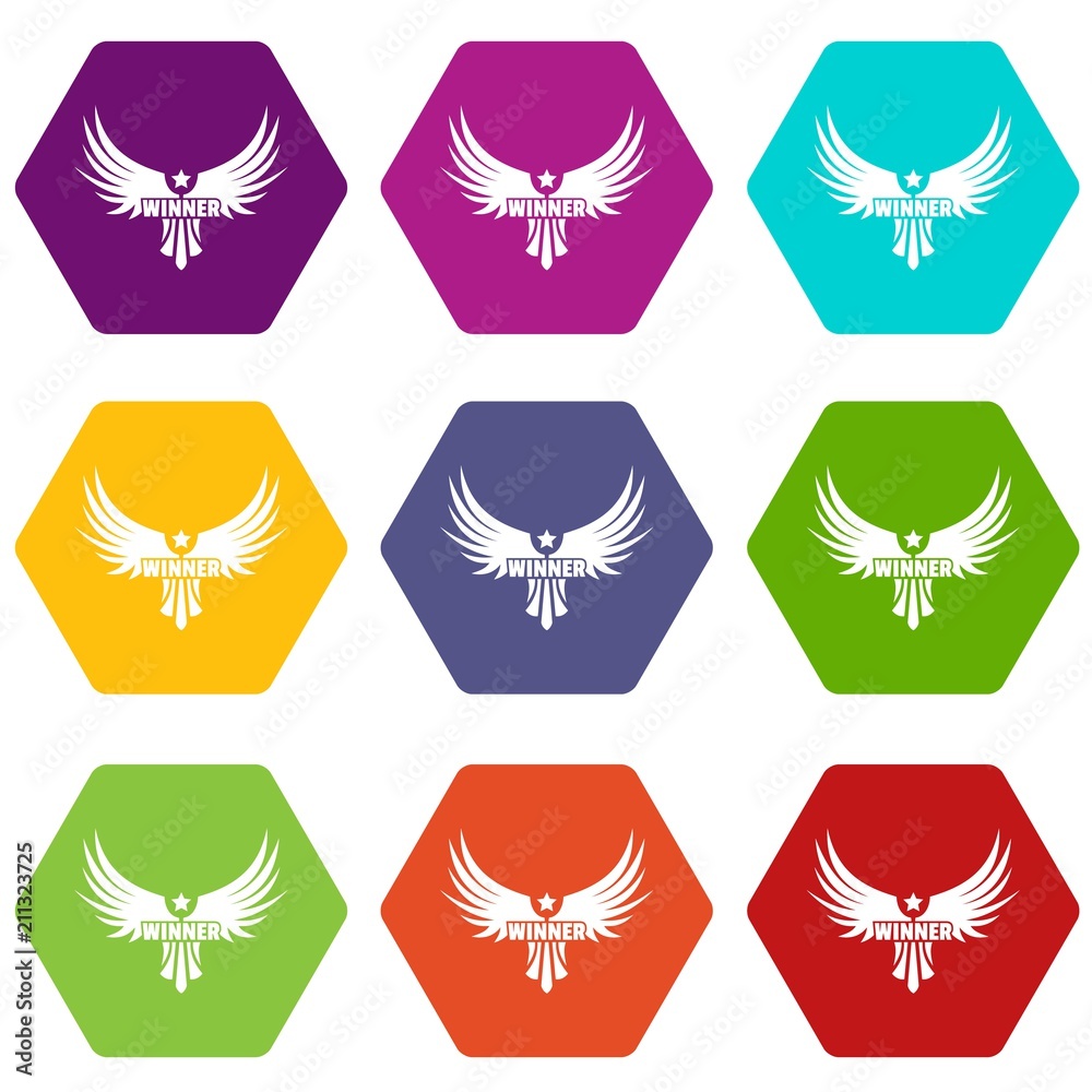 Winner wing icons 9 set coloful isolated on white for web Winner wing icons 9 set coloful isolated on white for web
