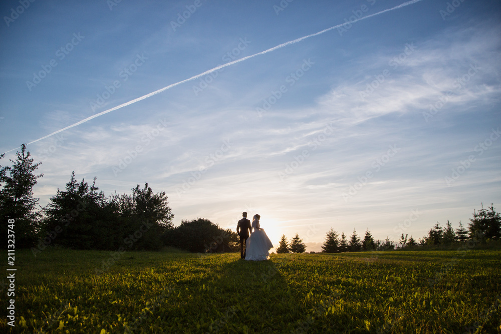 Fototapeta premium Wedding. silhouettes of the bride and groom at sunset