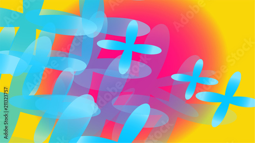 Texture of transparent blue abstract volumetric fashionable magic of various shapes of light air cosmic four-leafed flowers on a yellow background and copy space. Vector illustration.