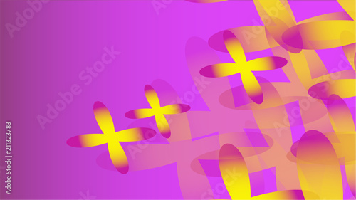 Texture of transparent yellow abstract volumetric fashionable magic of different shapes of light air cosmic four-leafed flowers on a purple background and copy space. Vector illustration.
