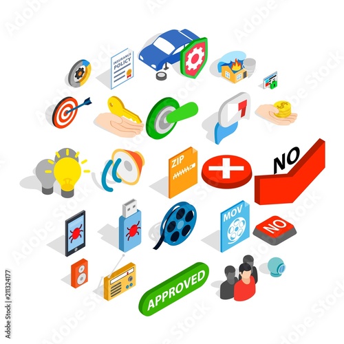 Computer security icons set. Isometric set of 25 computer security vector icons for web isolated on white background
