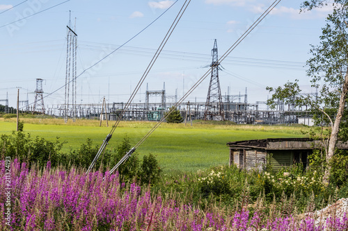 Power line towers and wires in greenery. Sunny day.