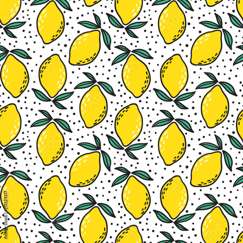 Hand drawn colorful seamless pattern of hand drawn lemons and green leaves on white background. Scandinavian design style. Perfect for textile manufacturing wallpaper posters etc. Vector illustration