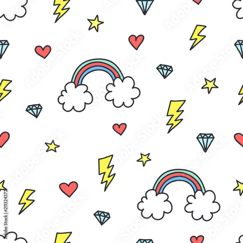Cute colorful seamless pattern of hand drawn doodle elements on white background. Rainbow, stars, lightnings, hearts, clouds, diamonds pattern. Vector illustration