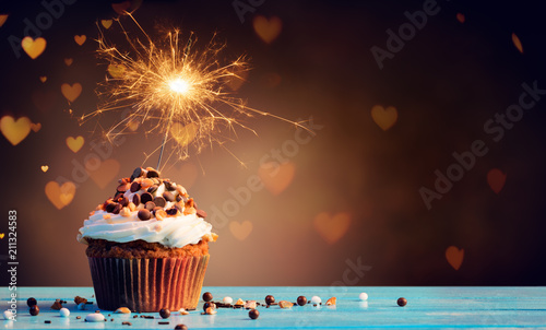Chocolate Cupcake With Sparkler And Hearts Of Lights
