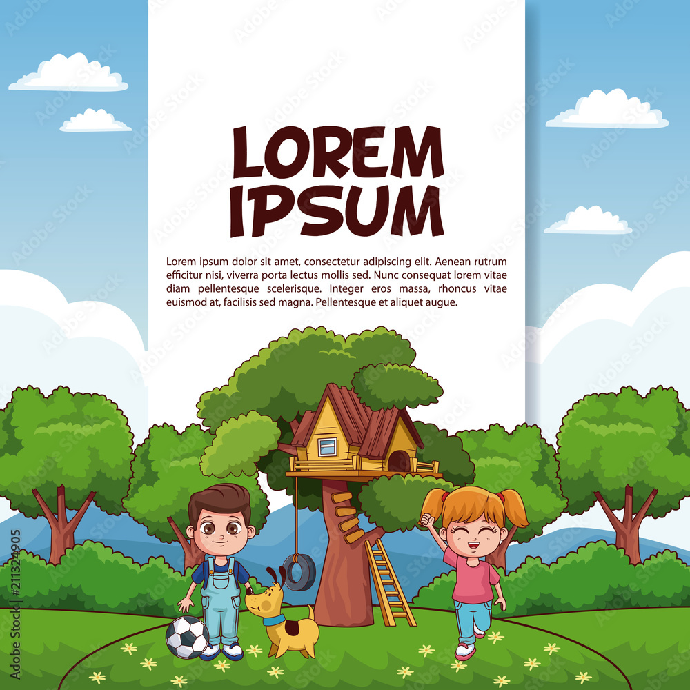 Fototapeta premium Kids playing at park poster with information vector illustration graphic design