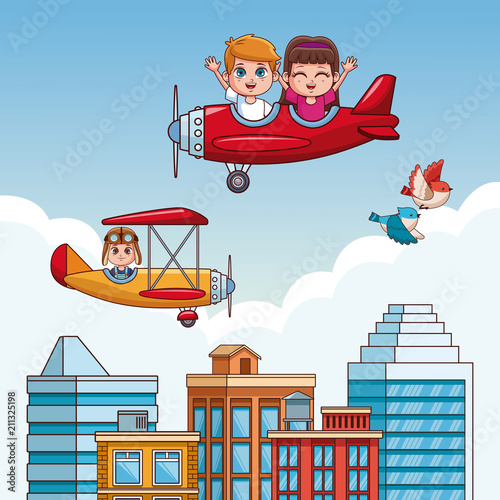 Kids flying over the city cartoons vector illustration graphic design