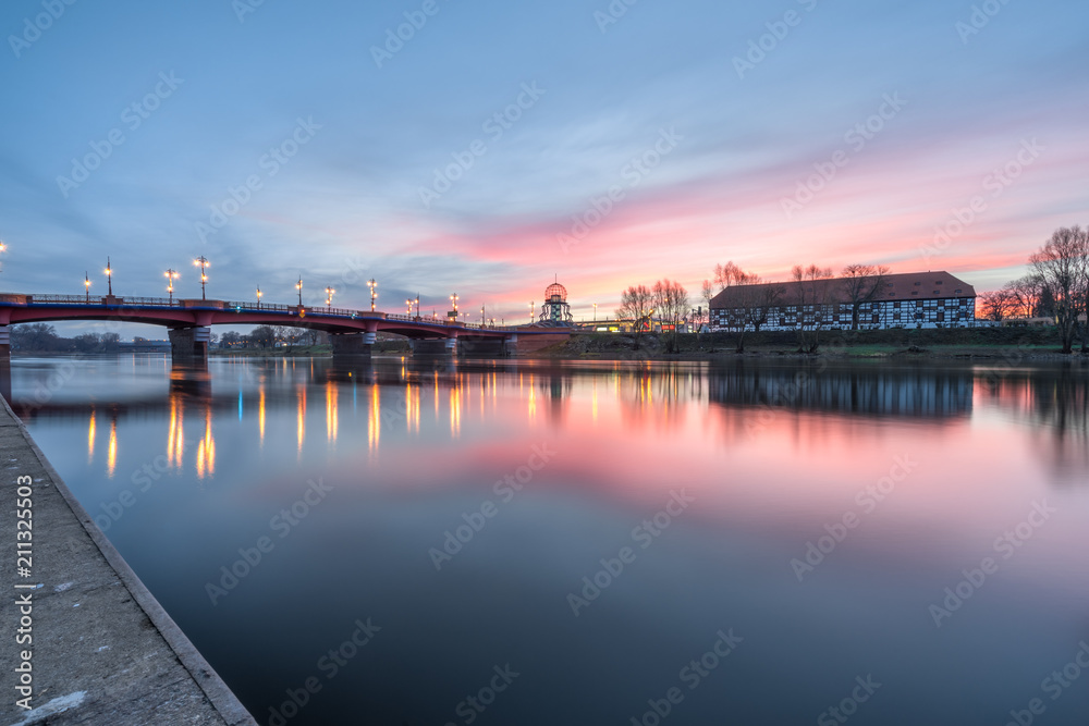 Old town bridge and Warta river at sunrise in Gorzow, Poland Old town bridge and Warta river at sunrise in Gorzow, Poland