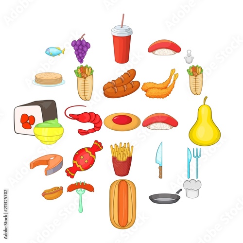 Food court icons set. Cartoon set of 25 food court vector icons for web isolated on white background