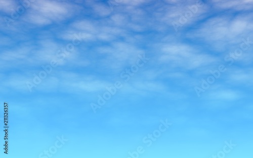 The bright sky in the morning. Blue sky background with white clouds. Cumulus white clouds in the clear blue sky. 3D illustration