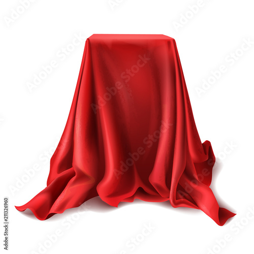 Vector realistic box covered with red silk cloth isolated on white background. Empty podium, stand with tablecloth to show magic tricks. Secret gift, hidden under satin fabric with drapery and folds