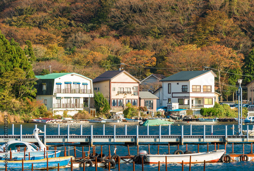 Jetty on the river Ashi in Hakone, Japan. photo