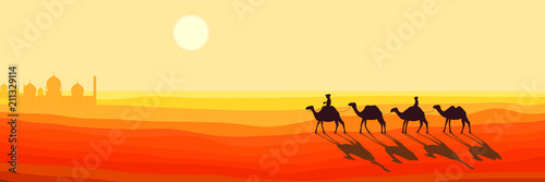 Panoramic Landscape of the Desert. Caravan of Camels Goes to the Arabic Oasis. Silhouette Design in a Flat Style. Vector Illustration