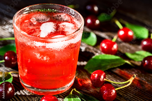 Wallpaper Mural Fresh cherries and ice cherry fruit drink on wood Torontodigital.ca