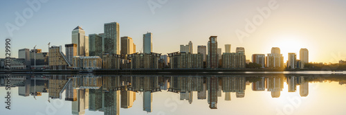 Panorama of Canary Wharf in London at sunrise