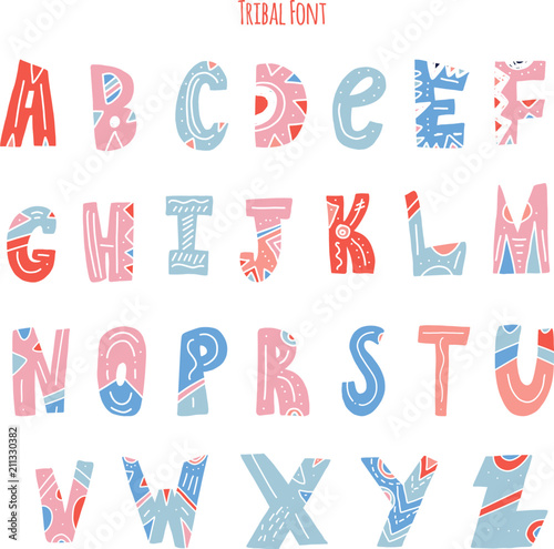Colorful geometric tribal font for invitation, children cards in geometric style.